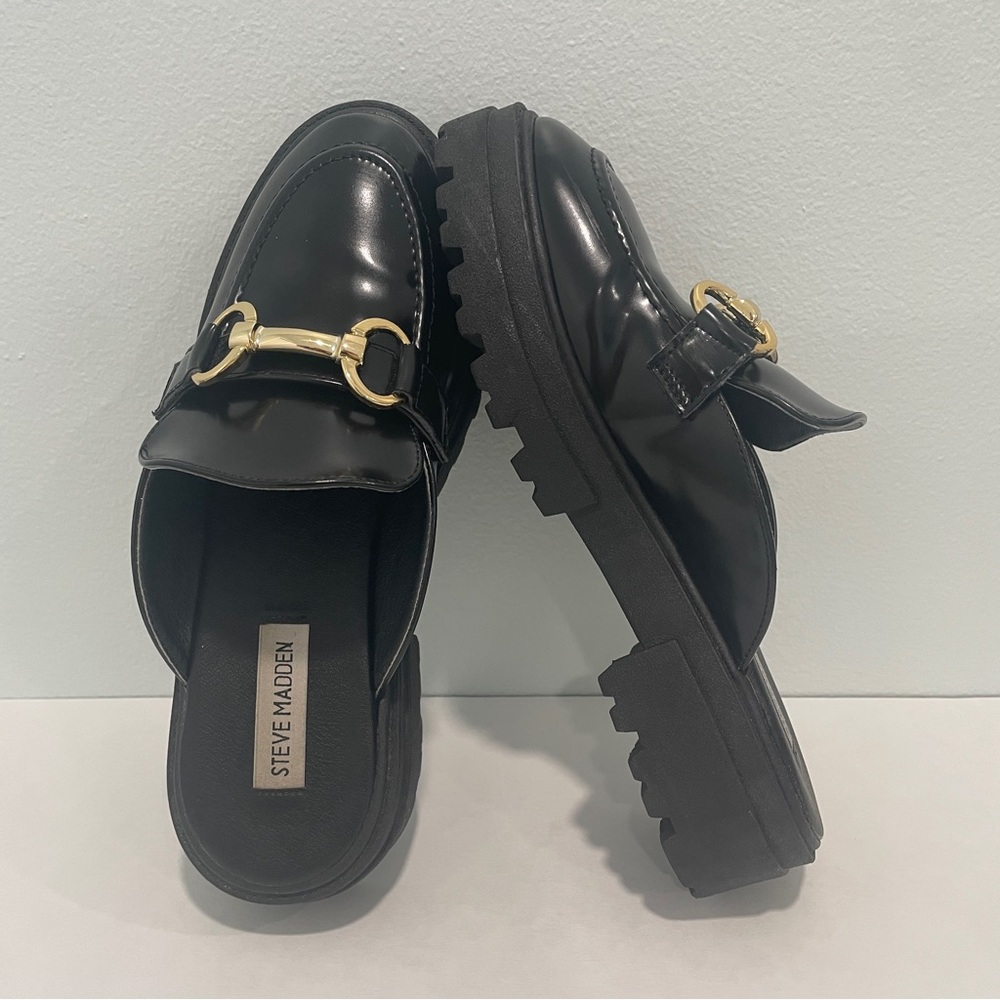 STEVE MADDEN Missk Black Patent Leather Chunky Lug Platform Mule Loafers (7) - Picture 15 of 15